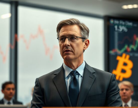 Michael Saylor speaking at a policy event, with a blurred digital financial backdrop