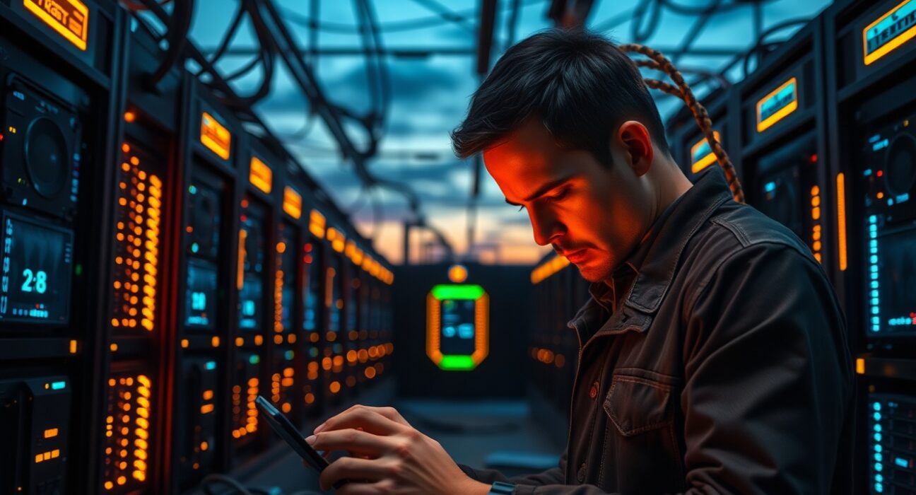 Bitcoin miner inspecting mining rigs in a facility, representing BIP-110's miner support issue