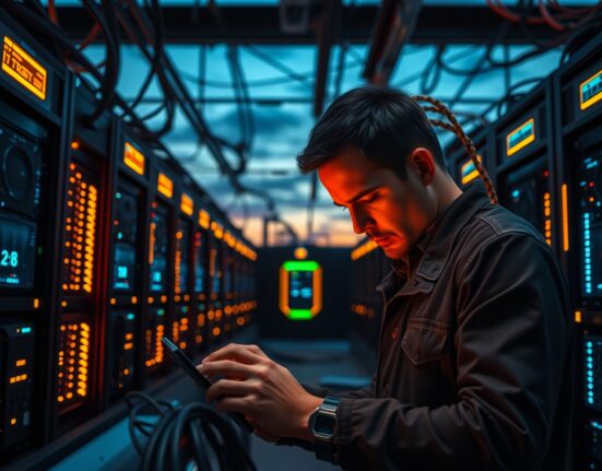 Bitcoin miner inspecting mining rigs in a facility, representing BIP-110's miner support issue