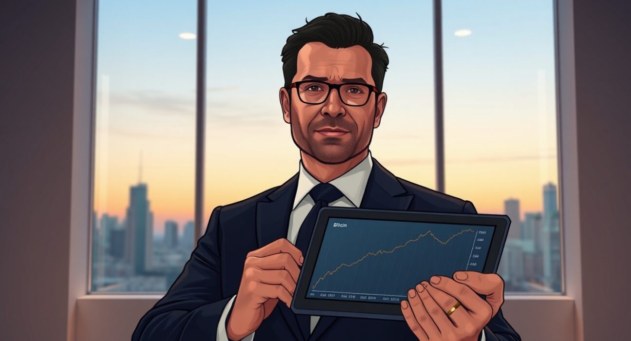 Michael Saylor reaffirms MicroStrategy's continuous BTC accumulation strategy in a boardroom setting with Bitcoin chart.