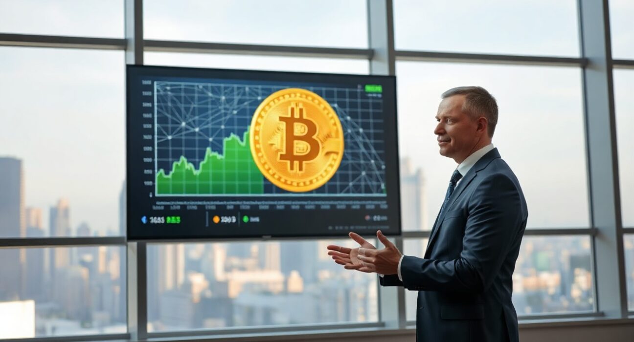 Michael Saylor in an office pointing to a display showing Bitcoin and AI charts.