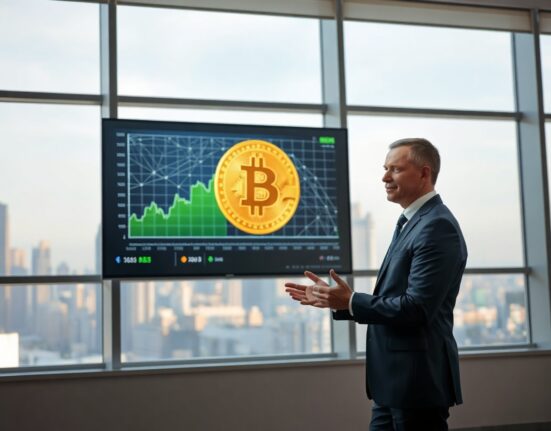 Michael Saylor in an office pointing to a display showing Bitcoin and AI charts.