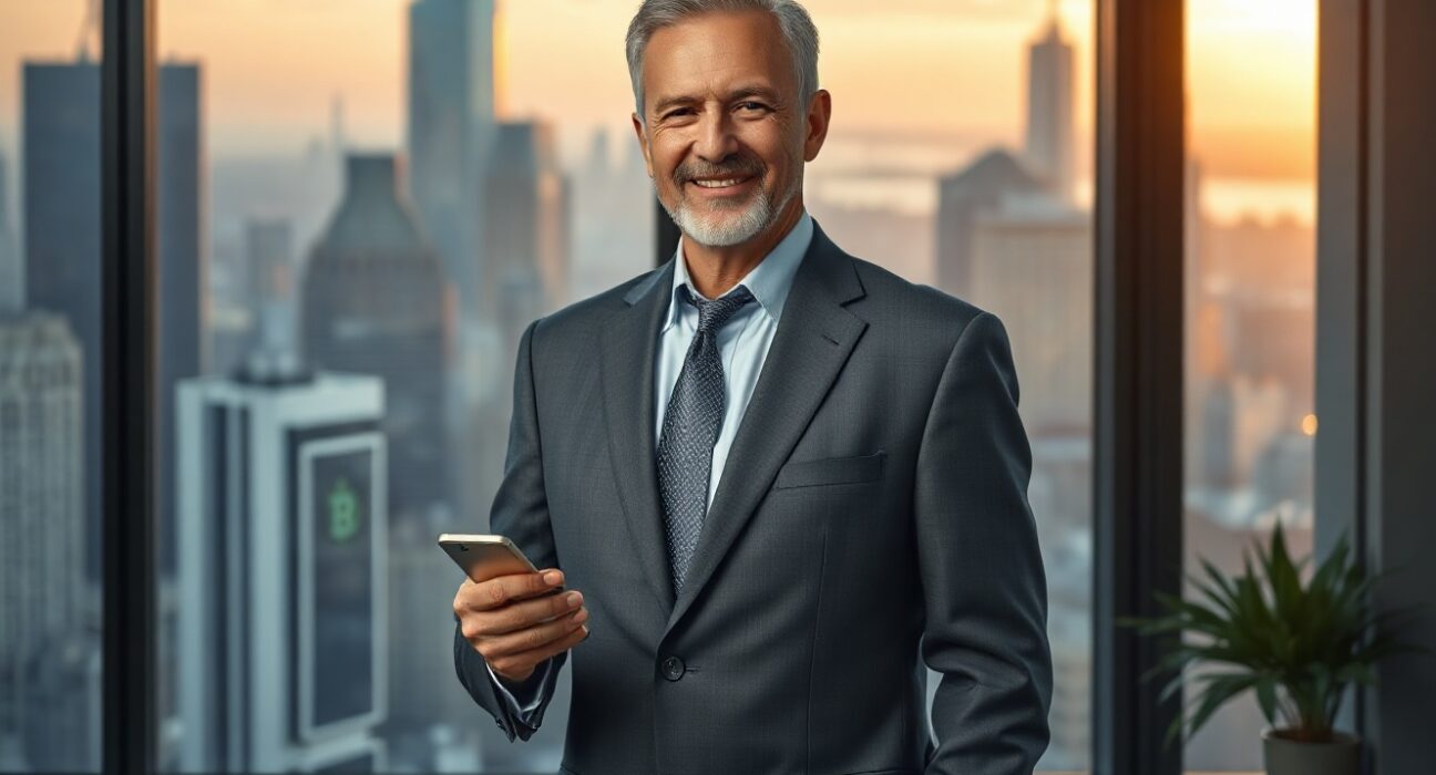 Michael Saylor holding a smartphone with a Bitcoin symbol in a modern office setting