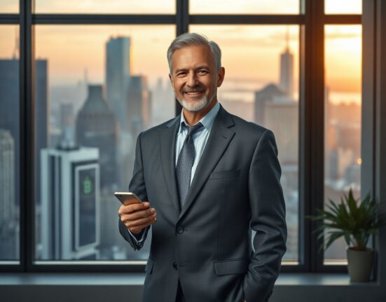 Michael Saylor holding a smartphone with a Bitcoin symbol in a modern office setting