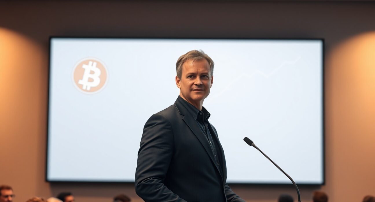 Michael Saylor speaking at a press conference with a Bitcoin chart in the background