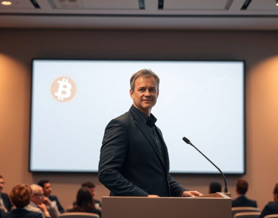 Michael Saylor speaking at a press conference with a Bitcoin chart in the background