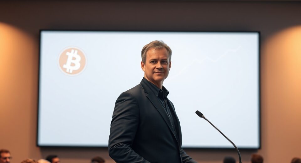Michael Saylor speaking at a press conference with a Bitcoin chart in the background