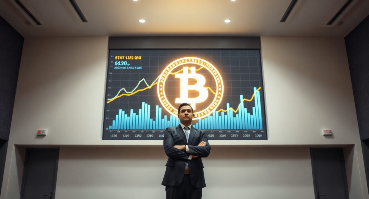 Michael Saylor speaking at a podium with a Bitcoin symbol on a digital screen behind him in a modern conference room.