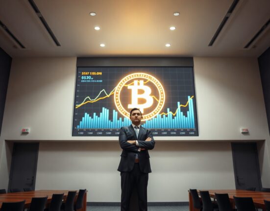 Michael Saylor speaking at a podium with a Bitcoin symbol on a digital screen behind him in a modern conference room.