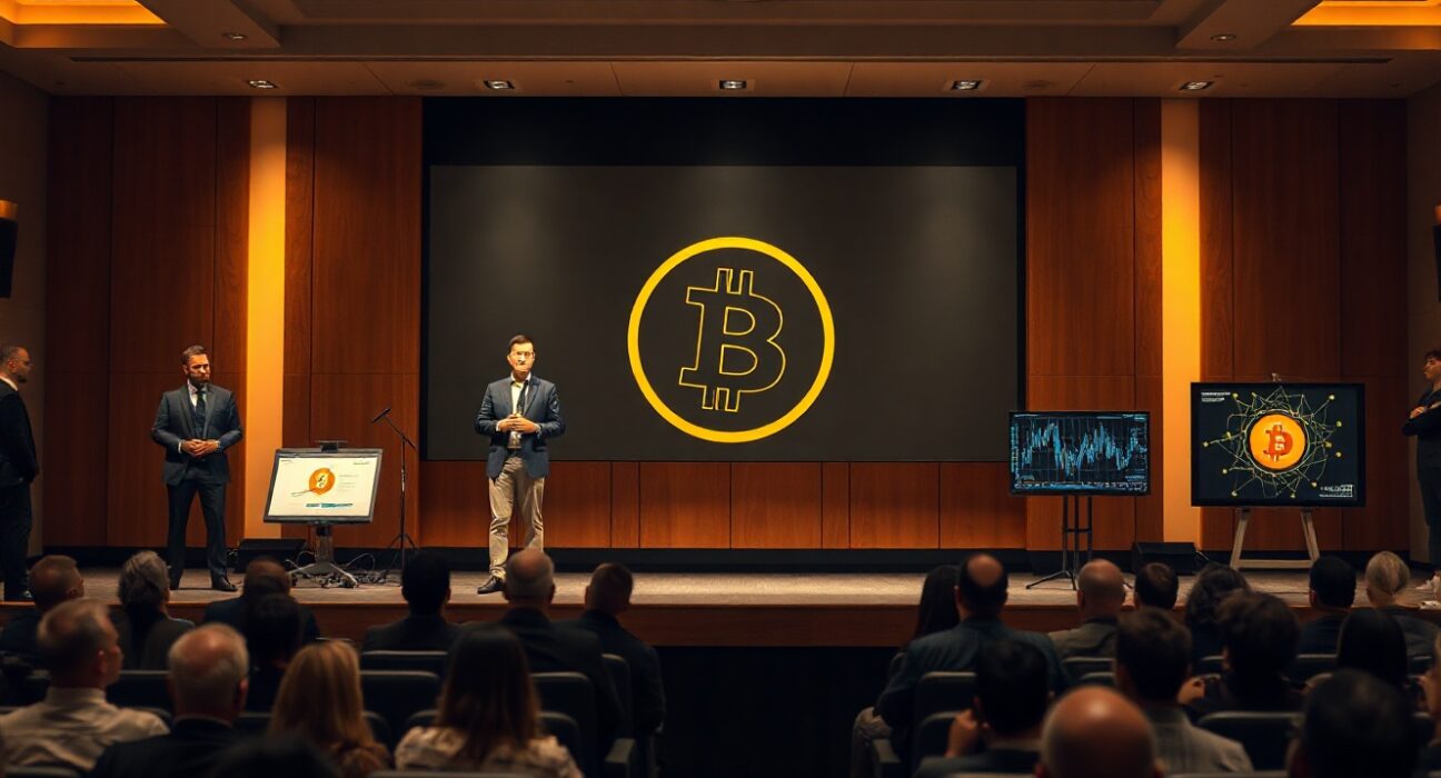 Michael Saylor speaking at a conference with Bitcoin logo on screen and four groups representing Bitcoin ideological camps