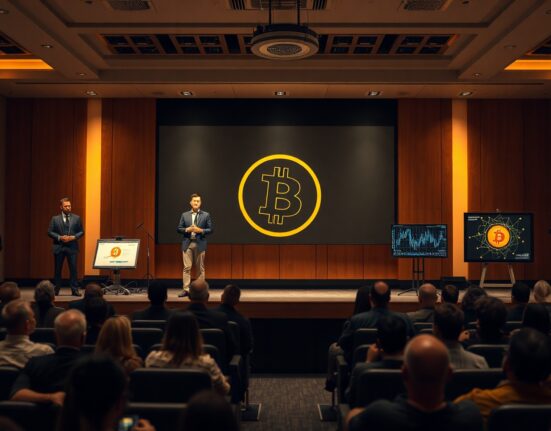 Michael Saylor speaking at a conference with Bitcoin logo on screen and four groups representing Bitcoin ideological camps