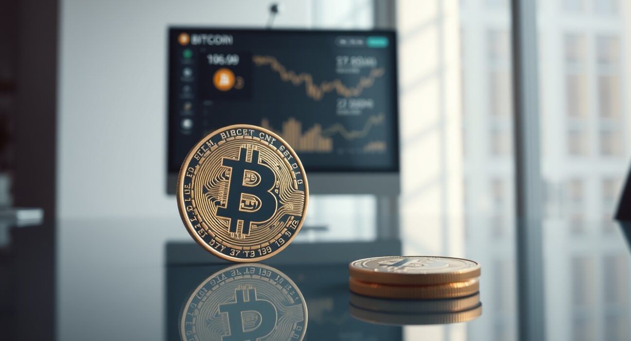 Bitcoin coin on a glass desk with a computer monitor showing transaction data in the background