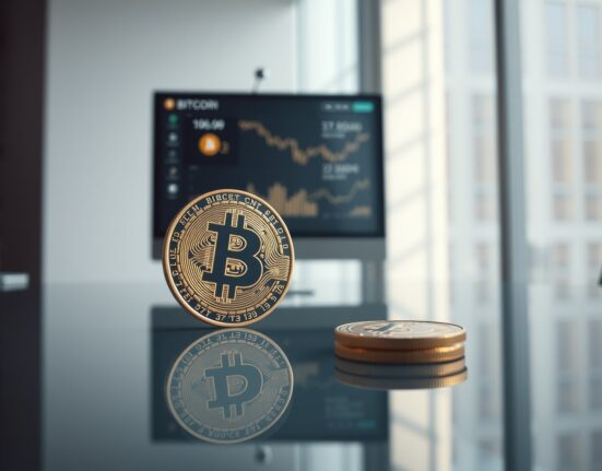 Bitcoin coin on a glass desk with a computer monitor showing transaction data in the background