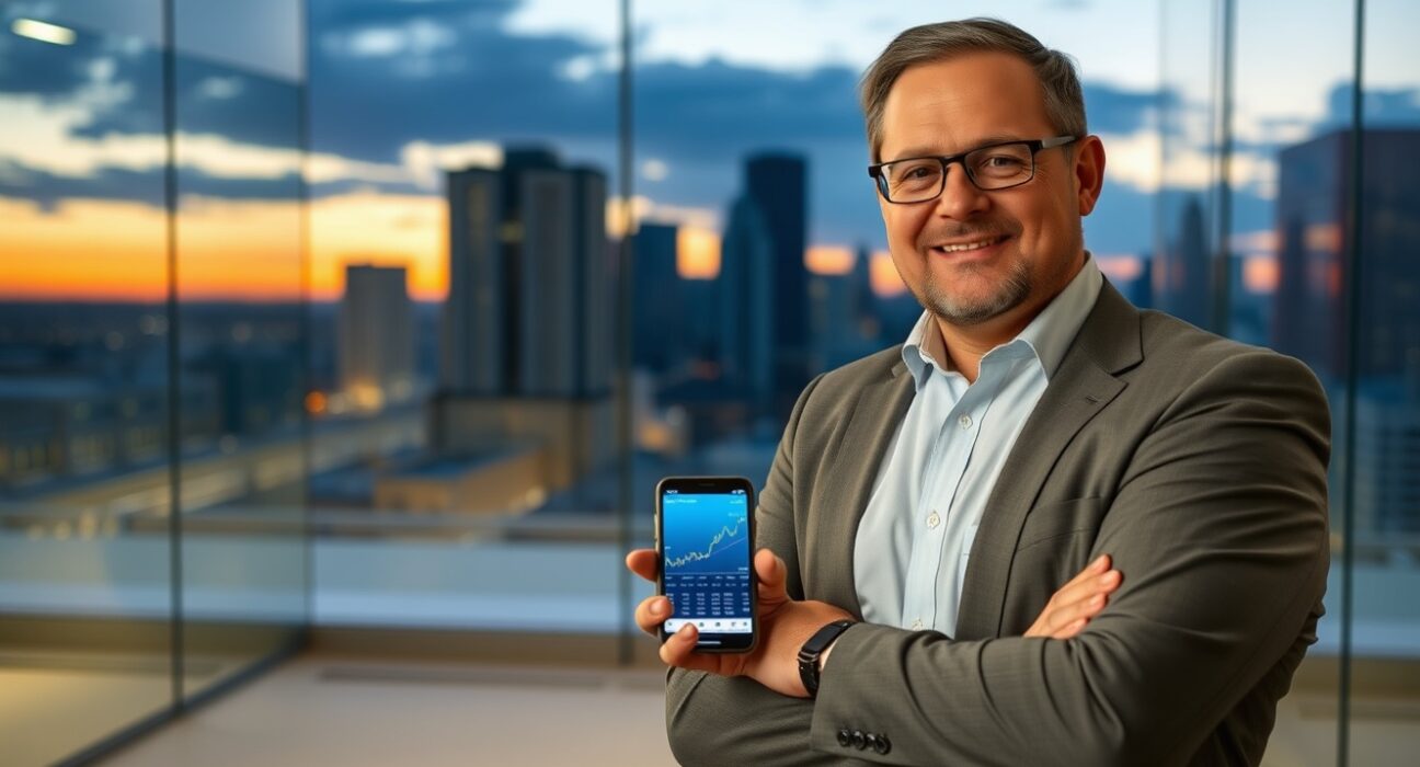 Michael Saylor standing in an office with a Bitcoin price chart on a smartphone