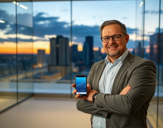 Michael Saylor standing in an office with a Bitcoin price chart on a smartphone