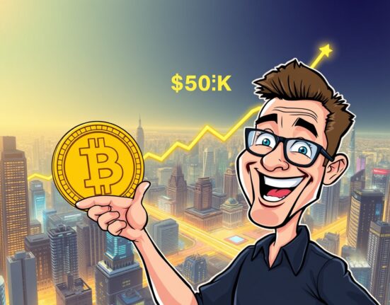 Cartoon illustration depicting Michael Saylor confidently predicting a significant Bitcoin price prediction of $150,000.