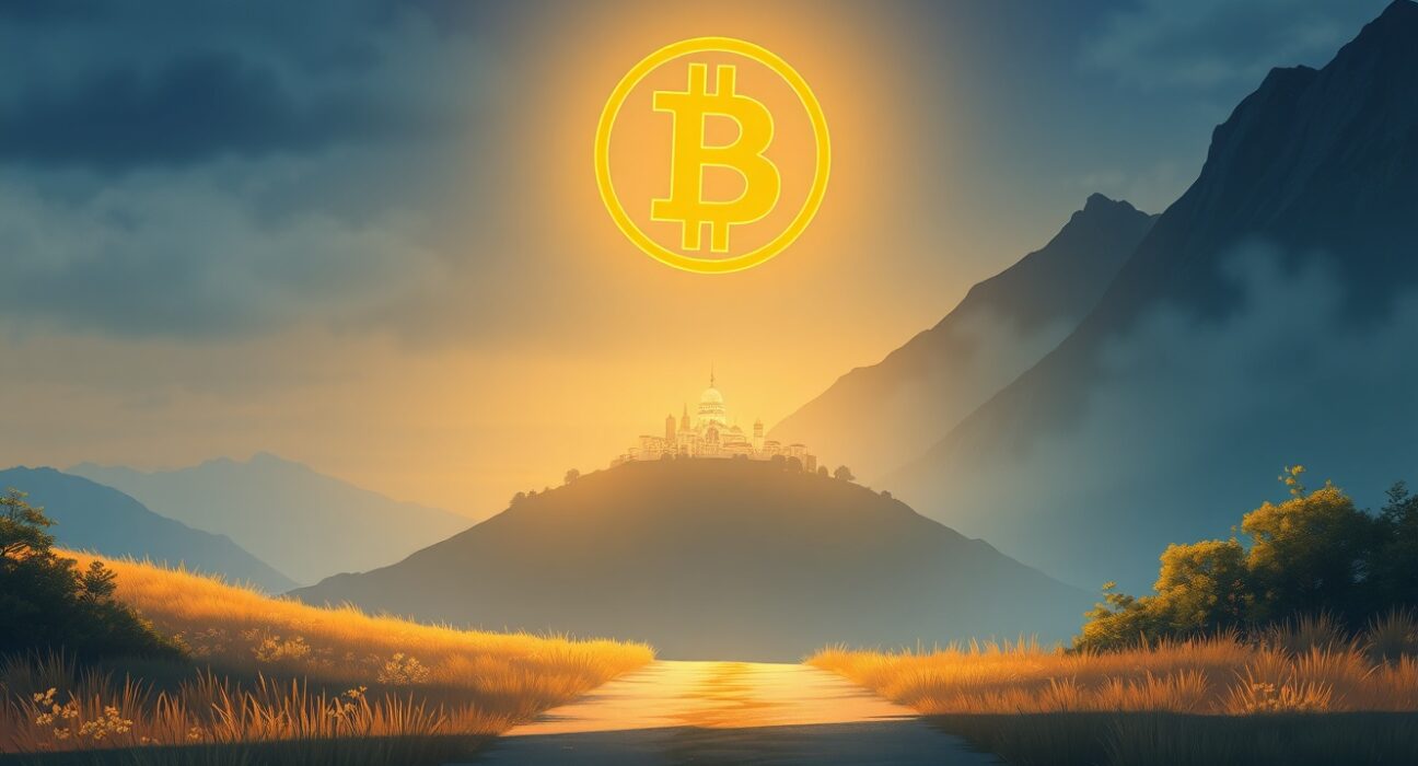 Visual metaphor for Michael Saylor's Bitcoin prediction showing two divergent paths for its future value.