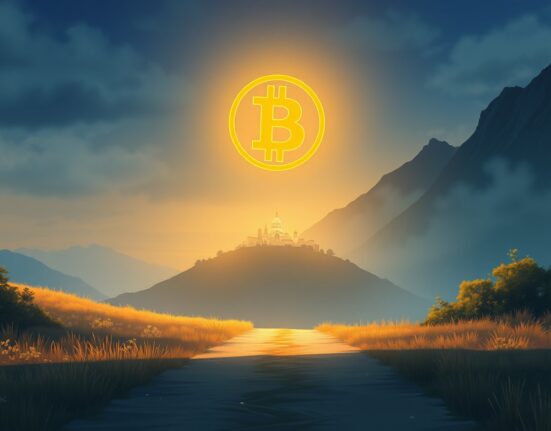 Visual metaphor for Michael Saylor's Bitcoin prediction showing two divergent paths for its future value.