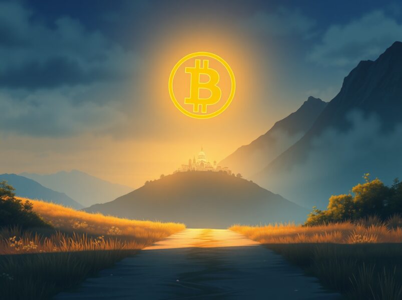 Visual metaphor for Michael Saylor's Bitcoin prediction showing two divergent paths for its future value.