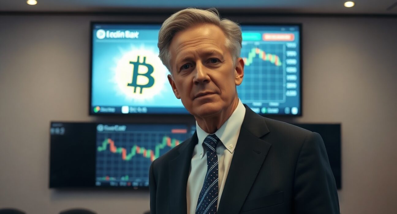 Michael Saylor speaking at a conference with a Bitcoin chart on a screen behind him