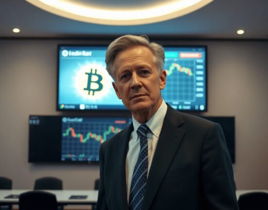 Michael Saylor speaking at a conference with a Bitcoin chart on a screen behind him