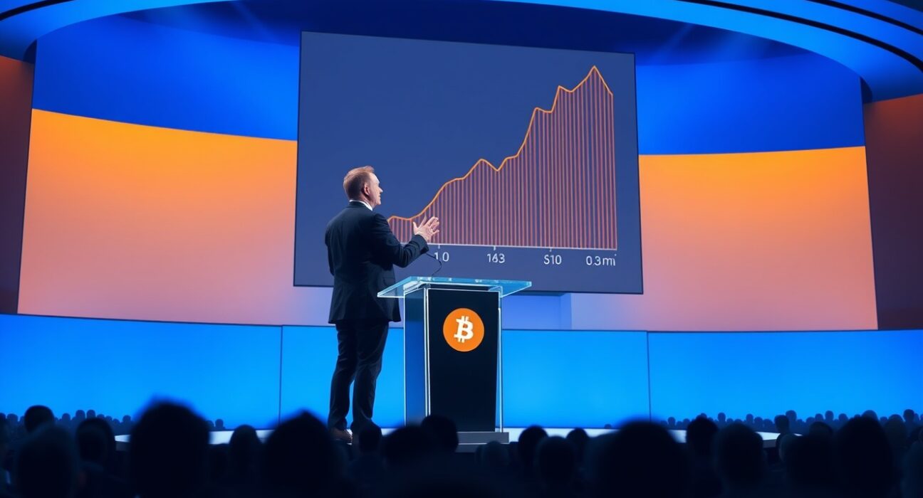 Michael Saylor speaking at Bitcoin 2026 Conference with a $10 million Bitcoin target chart on screen behind him
