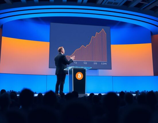 Michael Saylor speaking at Bitcoin 2026 Conference with a $10 million Bitcoin target chart on screen behind him
