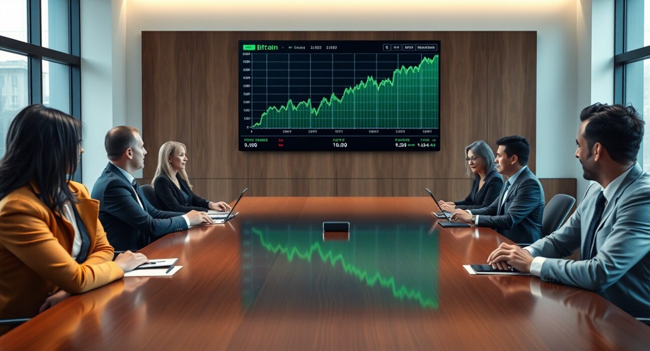 Corporate boardroom meeting with Bitcoin price chart on screen