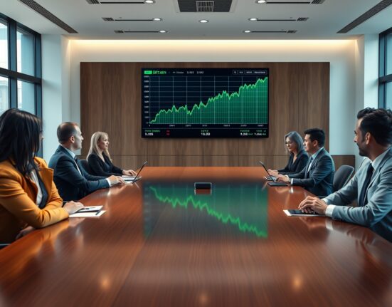Corporate boardroom meeting with Bitcoin price chart on screen
