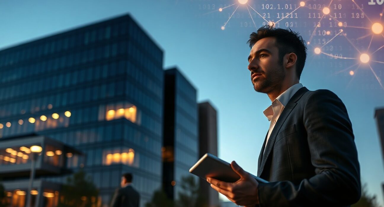 Business professional observing a modern financial district with digital data overlays, representing digital credit innovation.