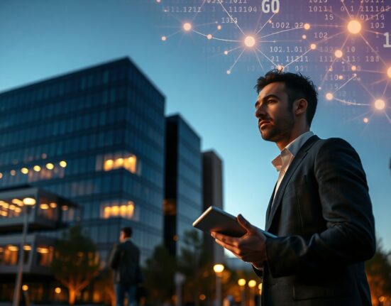 Business professional observing a modern financial district with digital data overlays, representing digital credit innovation.