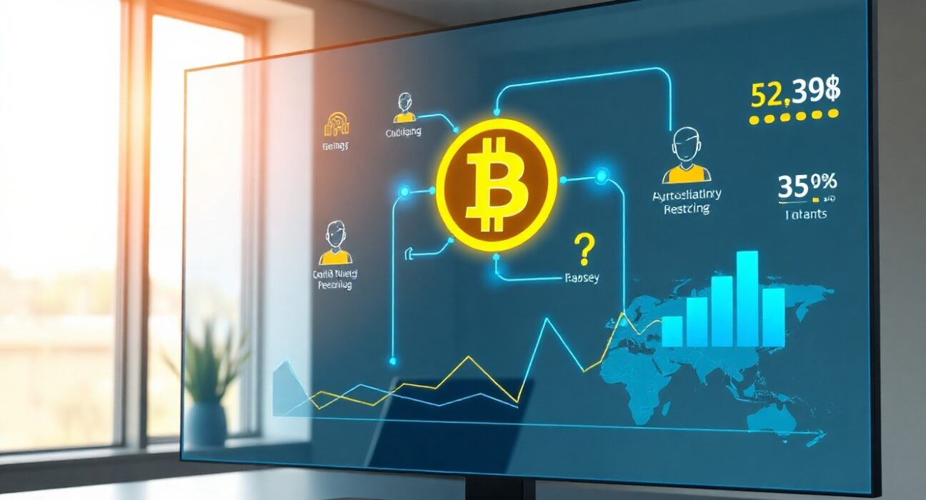 Digital financial dashboard with Bitcoin symbol and global money flows