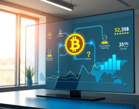 Digital financial dashboard with Bitcoin symbol and global money flows