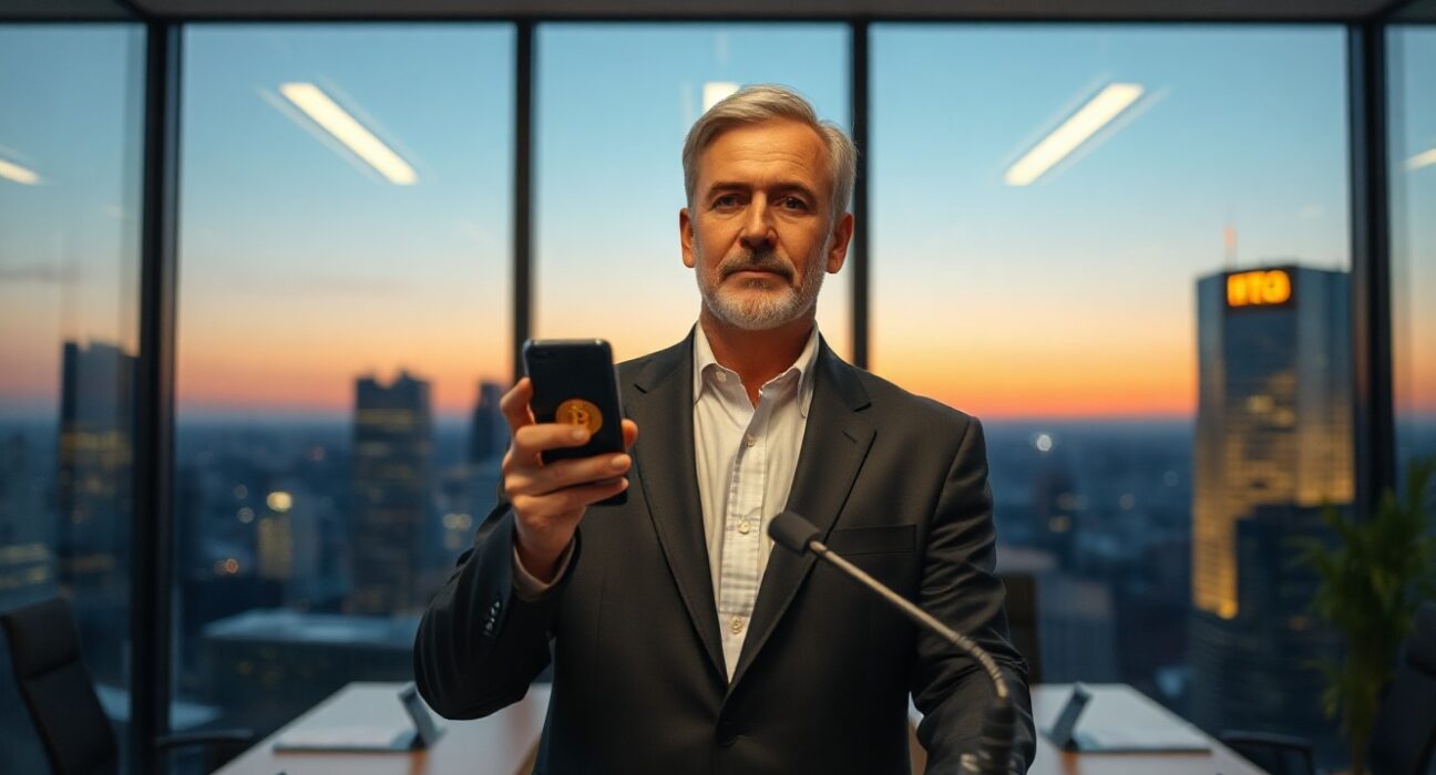 Michael Saylor at a podium holding a smartphone with a Bitcoin symbol, hinting at a new BTC purchase.