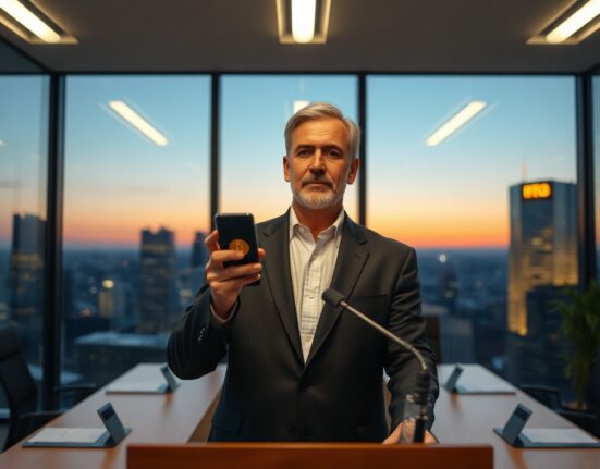 Michael Saylor at a podium holding a smartphone with a Bitcoin symbol, hinting at a new BTC purchase.