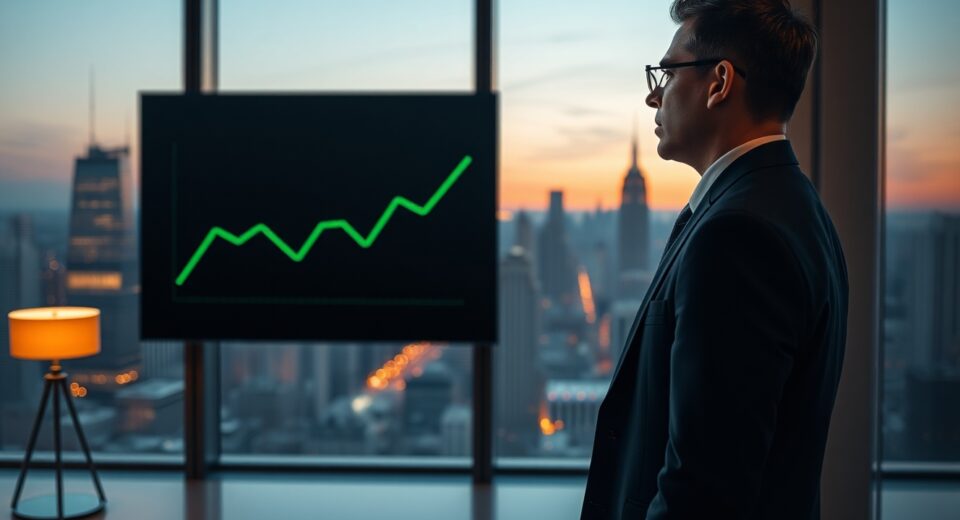 Michael Saylor standing in a modern office looking at a digital chart displaying an upward trend