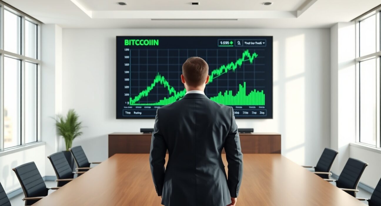 Man in suit looking at Bitcoin price chart on large digital screen in modern boardroom