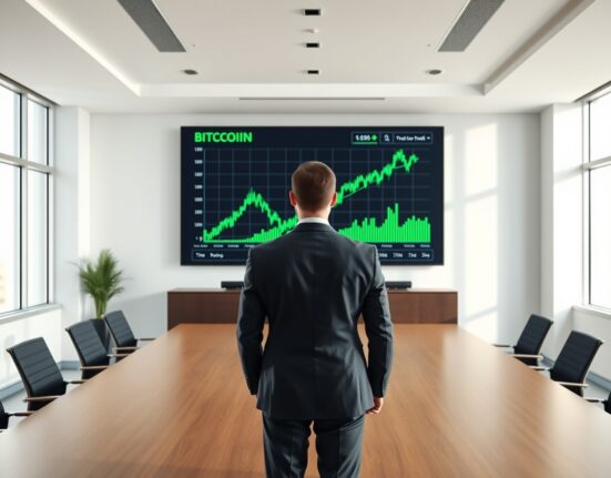 Man in suit looking at Bitcoin price chart on large digital screen in modern boardroom