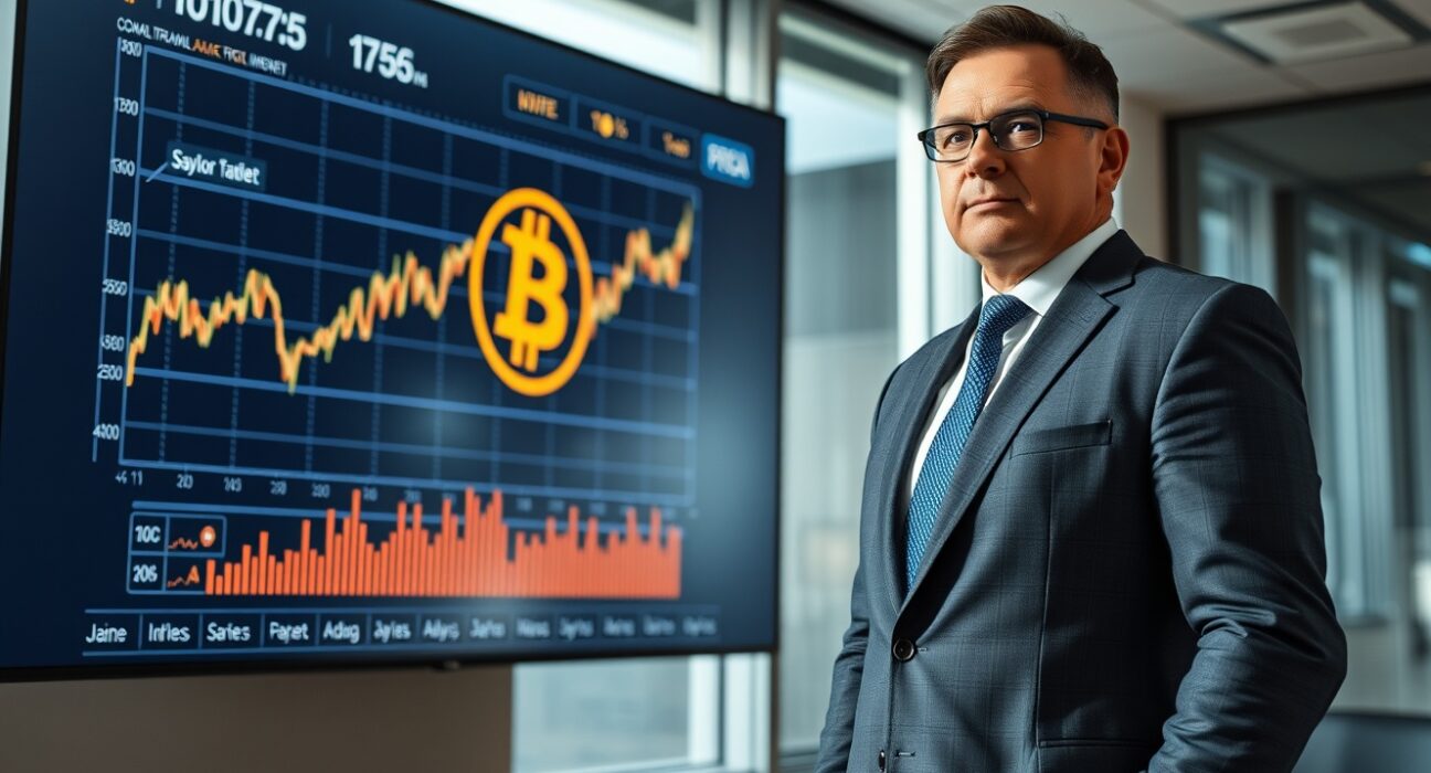 Businessman in office looking at digital display with Bitcoin price chart and Saylor Tracker