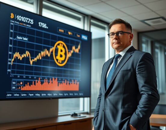 Businessman in office looking at digital display with Bitcoin price chart and Saylor Tracker