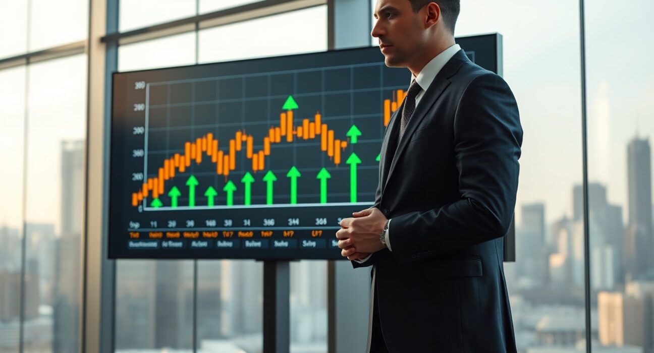 Business executive looking at Bitcoin price chart on digital screen in modern office