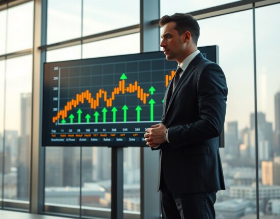 Business executive looking at Bitcoin price chart on digital screen in modern office