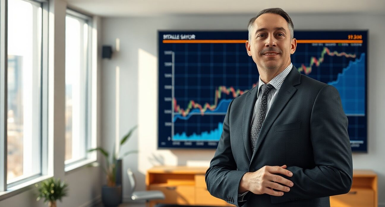 Michael Saylor in a modern office setting with a Bitcoin chart in the background