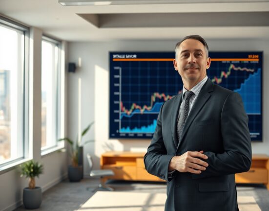 Michael Saylor in a modern office setting with a Bitcoin chart in the background