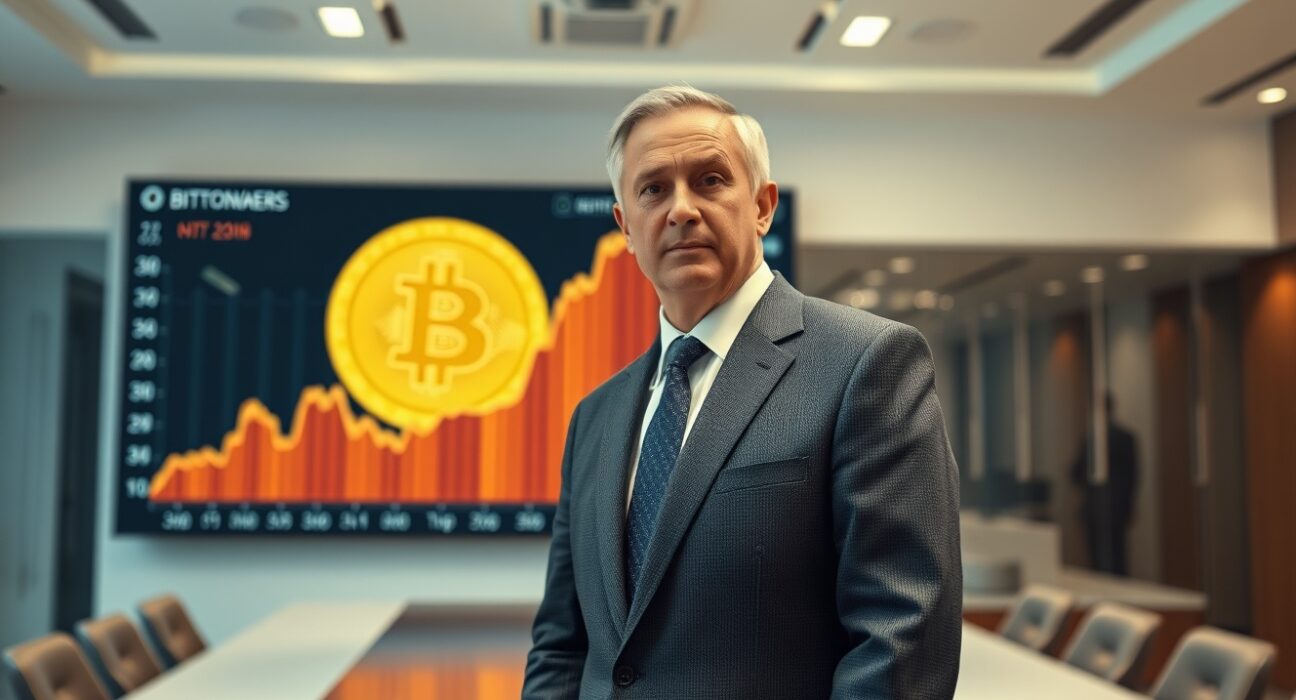 Michael Saylor speaking at a podium with Bitcoin chart in background