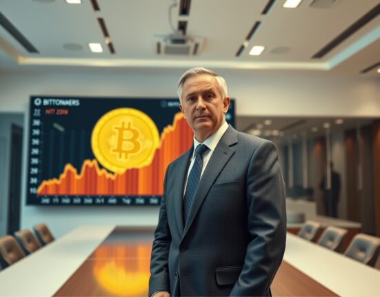 Michael Saylor speaking at a podium with Bitcoin chart in background