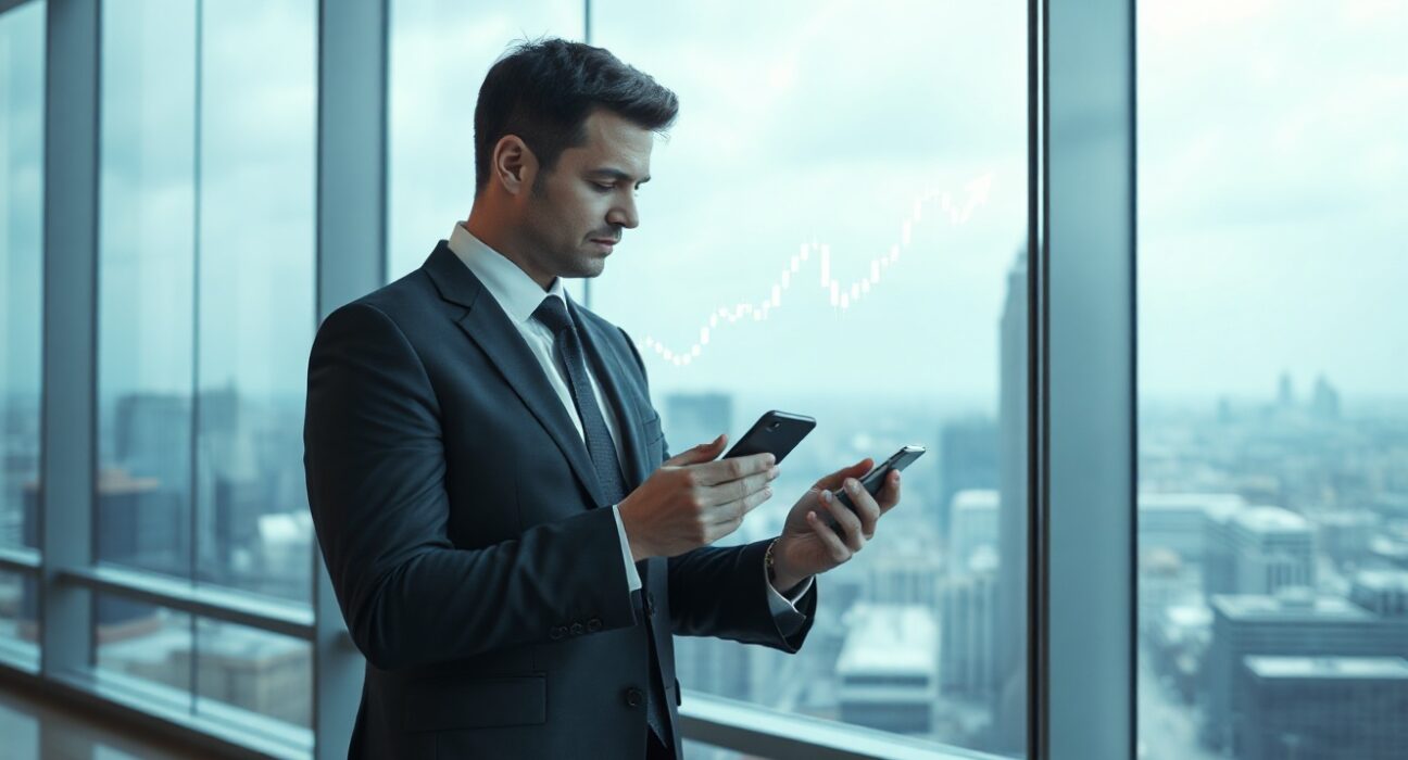 Michael Saylor in a boardroom looking at a smartphone with a Bitcoin chart overlay