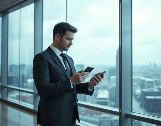 Michael Saylor in a boardroom looking at a smartphone with a Bitcoin chart overlay