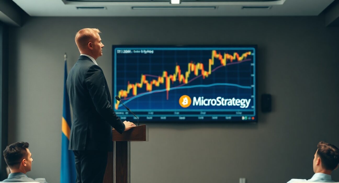 Michael Saylor speaking at a Bitcoin conference with a digital price chart behind him, representing MicroStrategy's Bitcoin strategy