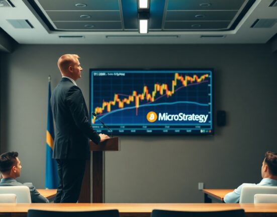 Michael Saylor speaking at a Bitcoin conference with a digital price chart behind him, representing MicroStrategy's Bitcoin strategy